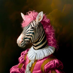 Puede incluir: Una cebra con pelo rosa que lleva una camisa rosa y dorada con volantes y un cuello de encaje blanco.