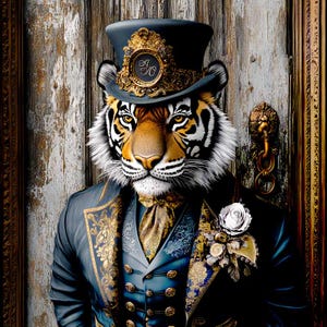 Op de afbeelding: Een tijger die een blauw en gouden pak draagt met een hoge hoed en een witte roos als corsage. De tijger staat voor een houten deur met een gouden lijst.