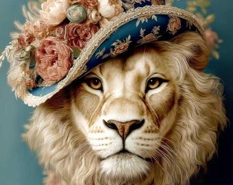 May include: A lion portrait wearing a blue hat decorated with pink and peach flowers and feathers. The hat has a gold trim and a floral pattern. The lion is dressed in a blue and white outfit with red stripes.