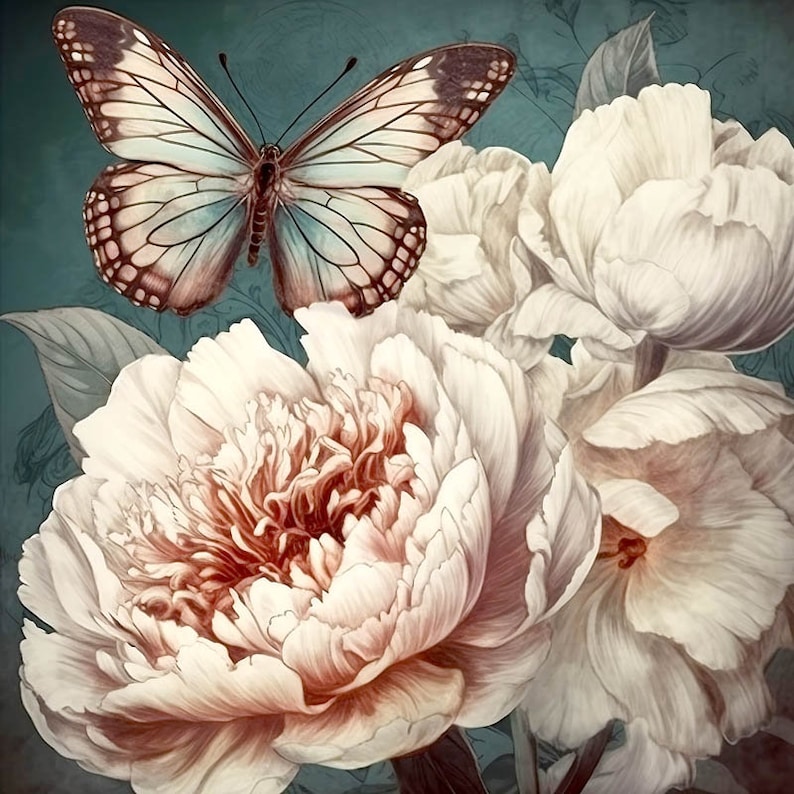 May include: A delicate blue butterfly with brown markings rests on a cluster of white and pink peonies. The flowers have a soft, velvety texture and are arranged in a beautiful bouquet.