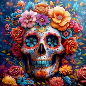 Hoja de cuero sintético, Panel de cuero ecológico de impresión de alta calidad, Tela, Cuero para bolsos, Cuero ecológico estampado estampado "Sugar Skull 01"