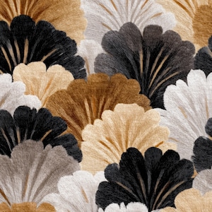 May include: A repeating pattern of fan-shaped leaves in shades of black, dark gray, light gray, cream, and tan. The design features fine, radiating lines that mimic the texture of natural foliage, creating a dense, layered, and organic visual effect.