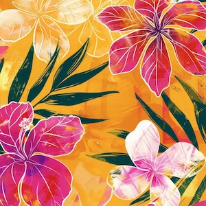 Può includere: Un'illustrazione digitale di fiori tropicali e foglie in tonalità di rosa, bianco e giallo su uno sfondo arancione brillante.