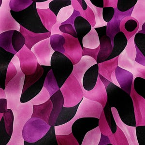 May include: A fabric featuring an abstract camouflage pattern composed of organic, fluid shapes in varying shades of magenta, bright pink, light pink, and solid black, creating a dense, layered visual effect across the entire surface.