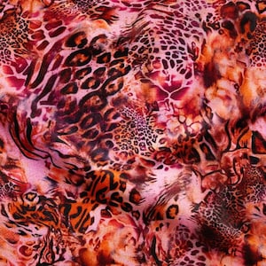 May include: A fabric featuring a vibrant animal print pattern with a blend of pink, orange, red, and black colors. The design consists of overlapping leopard spots and abstract tiger-like stripes, creating a dense, multi-layered visual texture.
