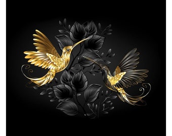 Colibrì Oro Stampa Alta Qualità Foglio Ecopelle, Pannello Ecopelle, Tessuto, Pelle per Borse, Ecopelle Stampata Fantasia