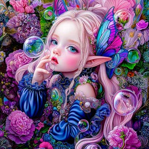 Op de afbeelding: Een jong meisje met lang roze haar en een blauwe vlinder op haar hoofd is omringd door paarse en roze bloemen. Ze draagt een blauwe jurk met een bloemenpatroon en blaast zeepbellen.