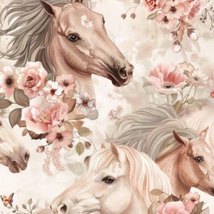 Op de afbeelding: Een aquarel-illustratie met drie paarden met vloeiende manen en staarten. De paarden zijn omringd door roze en witte bloemen, wat een romantische en fantasierijke scène creëert.