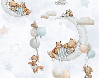 Tessuto in cotone premium SWEET BEAR, cotone con orso, tessuto in cotone per bambino, cotone stampa digitale premium, larghezza 155 cm / 61 "