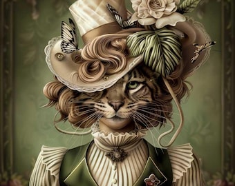 May include: A cat wearing a large, wide-brimmed hat with a white rose, green leaves, and butterflies. The hat is decorated with lace and has a brown and white striped band. The cat is wearing a green vest and a white shirt with a striped pattern.
