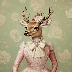 Peut inclure: Un cerf avec des bois portant une robe rose avec des détails en dentelle et un nœud blanc avec un bijou rose. Le cerf a une rose et des feuilles dans ses cheveux. L'arrière-plan est un motif floral vert.