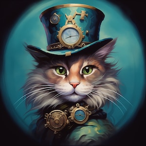 Vintage Steampunk Katze 4, hochwertiger Druck Kunstleder Blatt, Öko-Leder-Panel, Stoff, Leder für Tasche, Gemustertes bedrucktes Öko-Leder