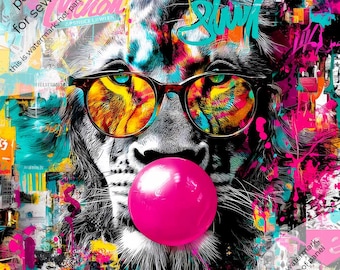 May include: A colourful pop art image featuring a lion with sunglasses and a pink bubble. The lion's fur is black and white, with bright accents. The sunglasses reflect a vibrant pattern. Text includes "Slush" and "panel for sewing".