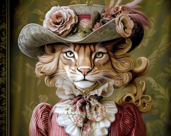 May include: A whimsical portrait of a cat wearing a wide-brimmed hat adorned with flowers and a ruffled collar. The cat has a soft, golden fur and piercing green eyes. The background is a muted green with a gold frame.
