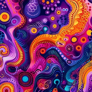 Pode incluir: Impressão digital abstrata com uma mistura vibrante de cores, incluindo roxo, rosa, laranja e amarelo. O design é composto por linhas sinuosas, pontos e formas geométricas.