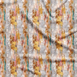 May include: A fabric featuring an abstract pattern with vertical bands of color. The design includes textured strokes of metallic gold, muted pink, deep teal, and dark brown layered over a light gray background with visible fabric folds.