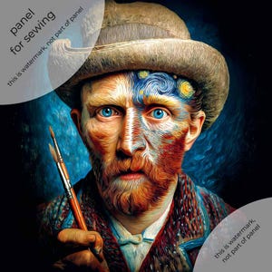 Op de afbeelding: Digitaal kunstportret van een man met blauwe ogen, een bruine hoed en een rode baard, die penselen vasthoudt. Het kunstwerk is een kleurrijke weergave van een beroemde kunstenaar. De tekst "panel for sewing" is linksboven zichtbaar.