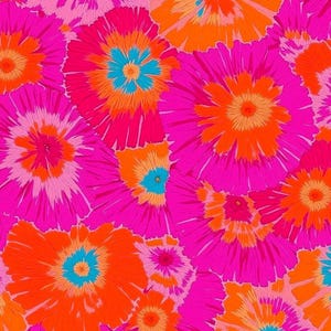 May include: A seamless pattern featuring bright pink and orange flowers with a tie-dye effect. The flowers have a blue center and are arranged in a repeating pattern.
