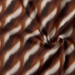 May include: A fabric featuring a repeating diagonal pattern of wavy stripes in shades of dark brown, medium rust orange, and off-white. The design creates a textured, fur-like appearance with soft, blurred edges throughout the material surface.