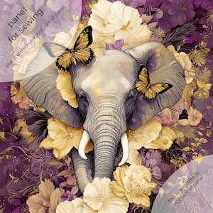 Könnte beinhalten: Ein Stoffpaneel zum Nähen mit einem zentralen grauen Elefantenkopf, umgeben von cremefarbenen und violetten Blumen sowie zwei gelben Schmetterlingen. Der Text panel for sewing this is watermark not part of panel ist sichtbar.