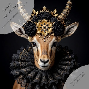 May include: A fabric panel for sewing featuring a deer with large horns, adorned with a gold and black floral headpiece and a black lace ruff collar. The image includes text that reads panel for sewing and this is watermark, not part of panel.