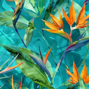 May include: A vibrant tropical print featuring orange bird of paradise flowers and green leaves on a turquoise background.