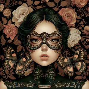 Op de afbeelding: Een vrouw met donker haar en een zwart masker met gouden accenten. Ze is omringd door bloemenpatronen en vlinders. De tekst "AARRRKKYYIART" staat op een ketting om haar nek.