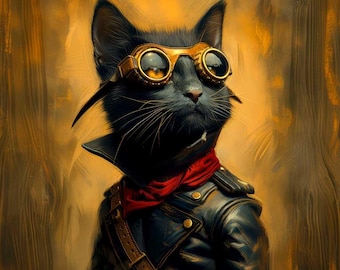 Sewing Panel for Bags & Pouches – Eco Leather or Waterproof Polyester, Steampunk Cat 01
