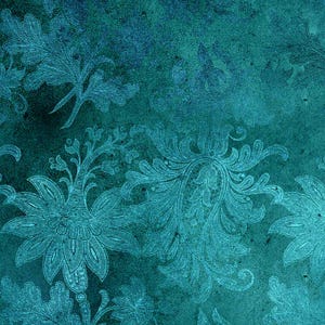 May include: Teal blue background with a repeating pattern of intricate floral designs. The design is reminiscent of a vintage wallpaper or fabric.