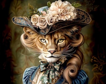 May include: A lioness wearing a blue and gold hat with white and cream flowers. She is wearing a blue dress with a lace collar and a bow tie. Her hair is styled in a curl.