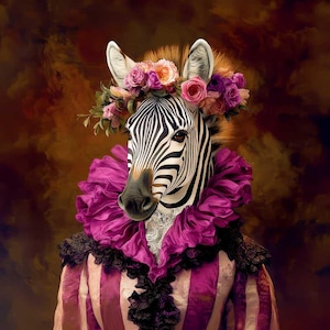 May include: A digitally altered image of a zebra adorned with a floral crown and a magenta ruffled collar. The zebra is wearing a striped pink and white garment with black lace trim, set against a dark, textured backdrop.