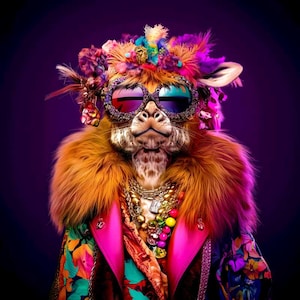 Könnte beinhalten: Eine Giraffe trägt eine rosa Jacke, eine bunte Sonnenbrille und eine goldene Kette mit bunten Perlen. Die Giraffe hat eine bunte Feder- und Blumenkrone auf dem Kopf.