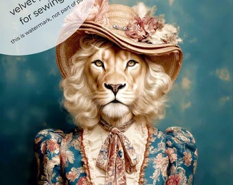May include: Digital artwork of a lioness in a vintage hat and floral dress. The image includes the text "velvet panel for sewing". The background is teal. The artwork has a whimsical, artistic style.