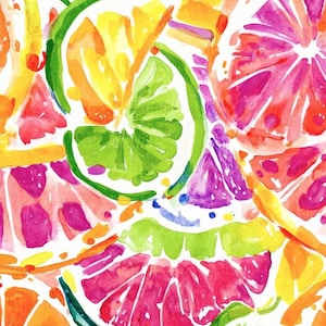 Op de afbeelding: Waterverf schilderij van citrus fruitschijfjes in tinten roze, oranje, geel en groen. De fruitschijfjes zijn in een willekeurig patroon gerangschikt, waardoor een levendig en kleurrijk ontwerp ontstaat.