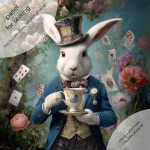 Può includere: Immagine fantastica di un coniglio bianco vestito con una giacca blu e un cappello a cilindro, che tiene in mano una tazza da tè. Carte da gioco e fiori fluttuano sullo sfondo. Il testo "panel for sewing" è visibile. Un'illustrazione affascinante.
