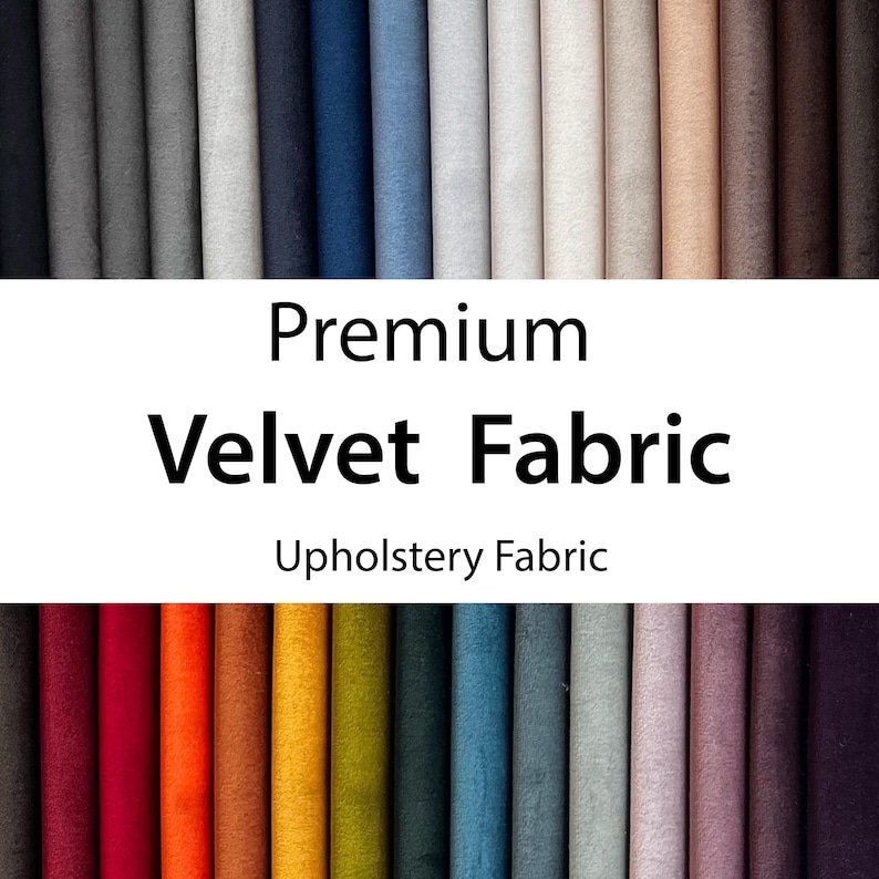 Peut inclure: &Eacute;chantillons de tissu en velours de qualit&eacute; sup&eacute;rieure dans une vari&eacute;t&eacute; de couleurs. Le tissu est doux et luxueux, et il est parfait pour la tapisserie d'ameublement. Le texte "Premium Velvet Fabric" et "Upholstery Fabric" est affich&eacute; sur un fond blanc.