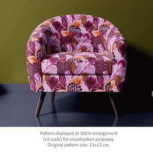 May include: An upholstered barrel chair featuring a vibrant floral and leopard print pattern in shades of magenta, purple, orange, and cream. The chair has a rounded backrest, a thick seat cushion, and four tapered dark brown wooden legs.