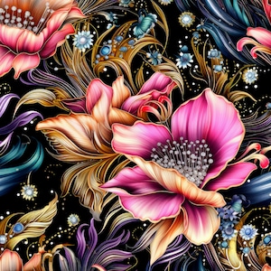 FLORES MÁGICAS 2 Lámina de piel sintética estampada de alta calidad, Tejido de piel ecológica, Piel para bolsos, Piel sintética estampada