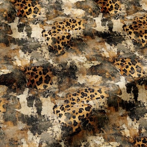 May include: A fabric featuring a layered pattern of black and brown leopard spots set against a distressed, textured background of mottled cream, tan, and dark gray tones, creating a complex visual depth across the entire surface.