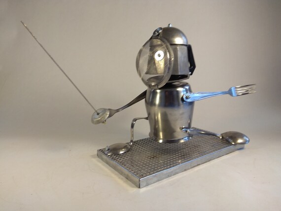 Cole junk bot recycled materials handmade Unique scrap art found object office decor upcycled repurposed,robot art sculpture