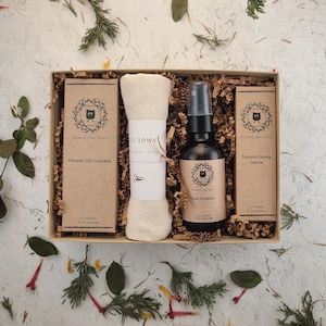 Organic Skincare Oil Ritual Gift Set: Herbal Cleanse, Rose Hydrosol, Moisturizing Serum & Cotton Washcloth