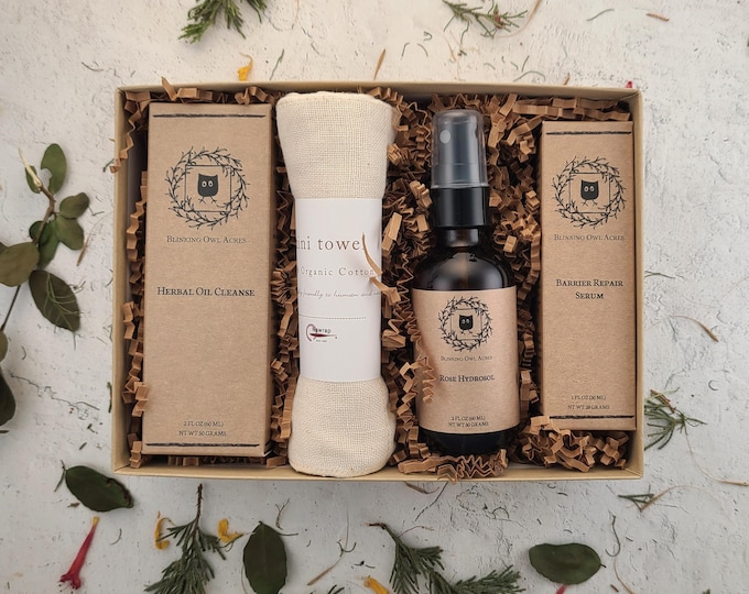 Organic Skincare Oil Ritual Gift Set: Herbal Cleanse, Rose Hydrosol, Moisturizing Serum & Cotton Washcloth
