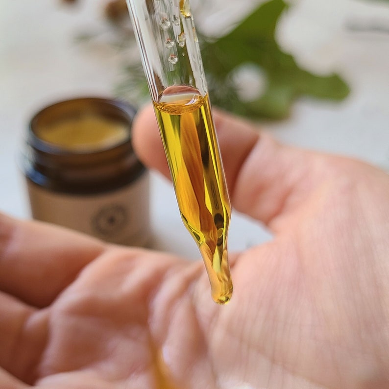 May include: A glass dropper bottle with a clear glass dropper and a yellow liquid inside. The dropper is being held over a hand, and the liquid is about to be dropped onto the skin.