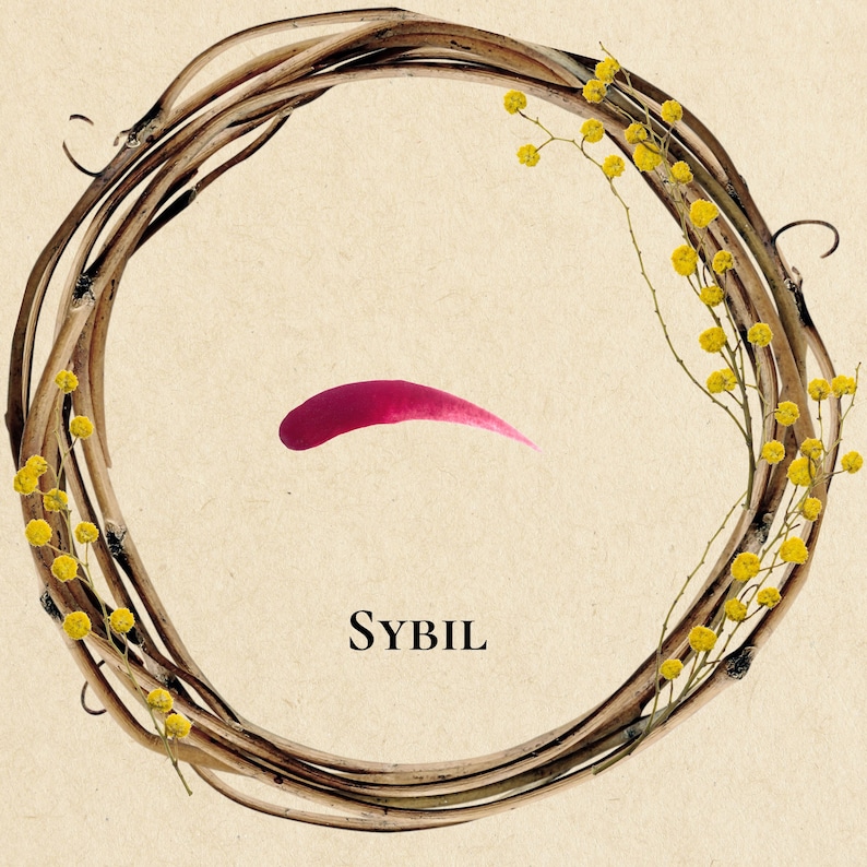 Pu&ograve; includere: Una ghirlanda fatta di ramoscelli marroni con fiori gialli e la parola "SYBIL" scritta in nero.