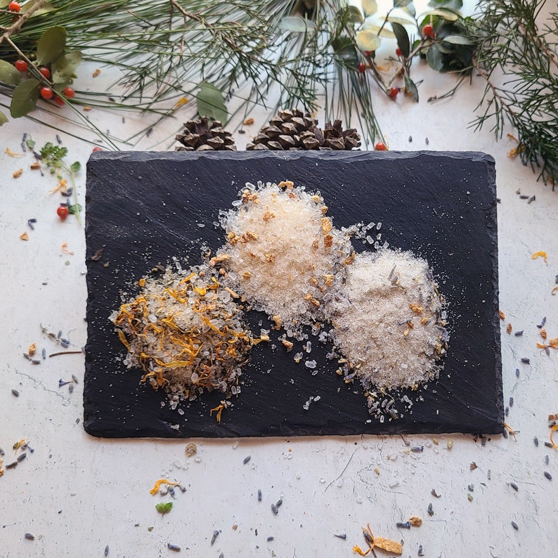 Herbal Foot Soak - view of the three herbal formulas. Left to Right: Calendula Mint, Ginger Citrus, Lavender Yarrow