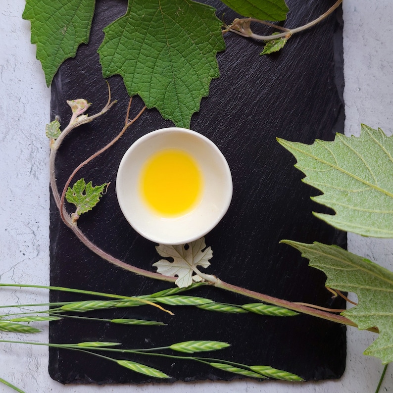 May include: A small white bowl filled with a bright yellow liquid sits on a black slate surface surrounded by green grape leaves and blades of grass.