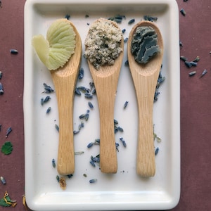 3 bamboo spoons, left to right: Foot Balm scoop, Foot Scrub scoop, Foot Mask scoop
