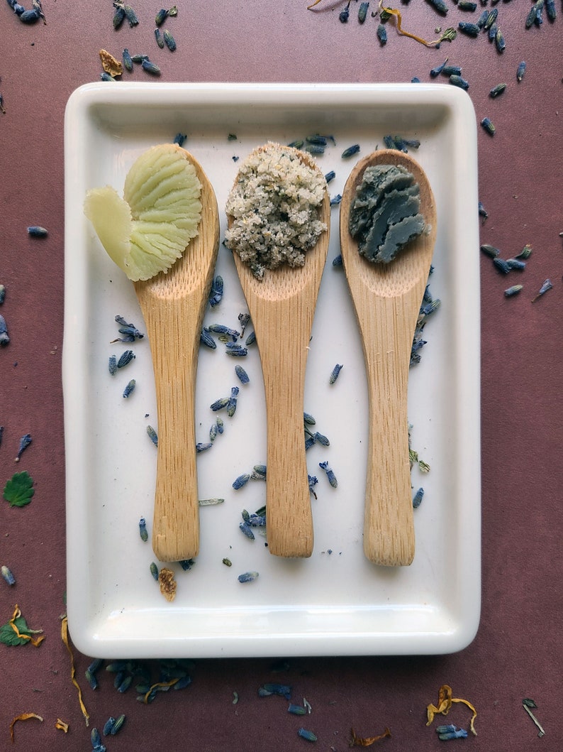 3 bamboo spoons, left to right: Foot Balm scoop, Foot Scrub scoop, Foot Mask scoop