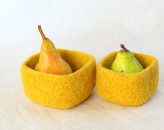 Square felted bowl Mustard yellow - Cozy little storage - block color nesting wool bowls set of two - ring holder