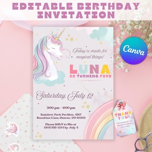 Editable Unicorn Birthday Invitation, Canva Template, Pastel Rainbow Bday Party, Unicorn Theme, 2 3 4 5 6 Bday Invite, Printable Download